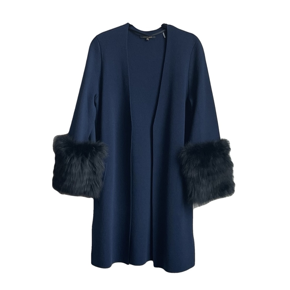 Gorgeous Kobi Halperin Navy Blue Sweater Coat - Removable Fox Fur Cuff